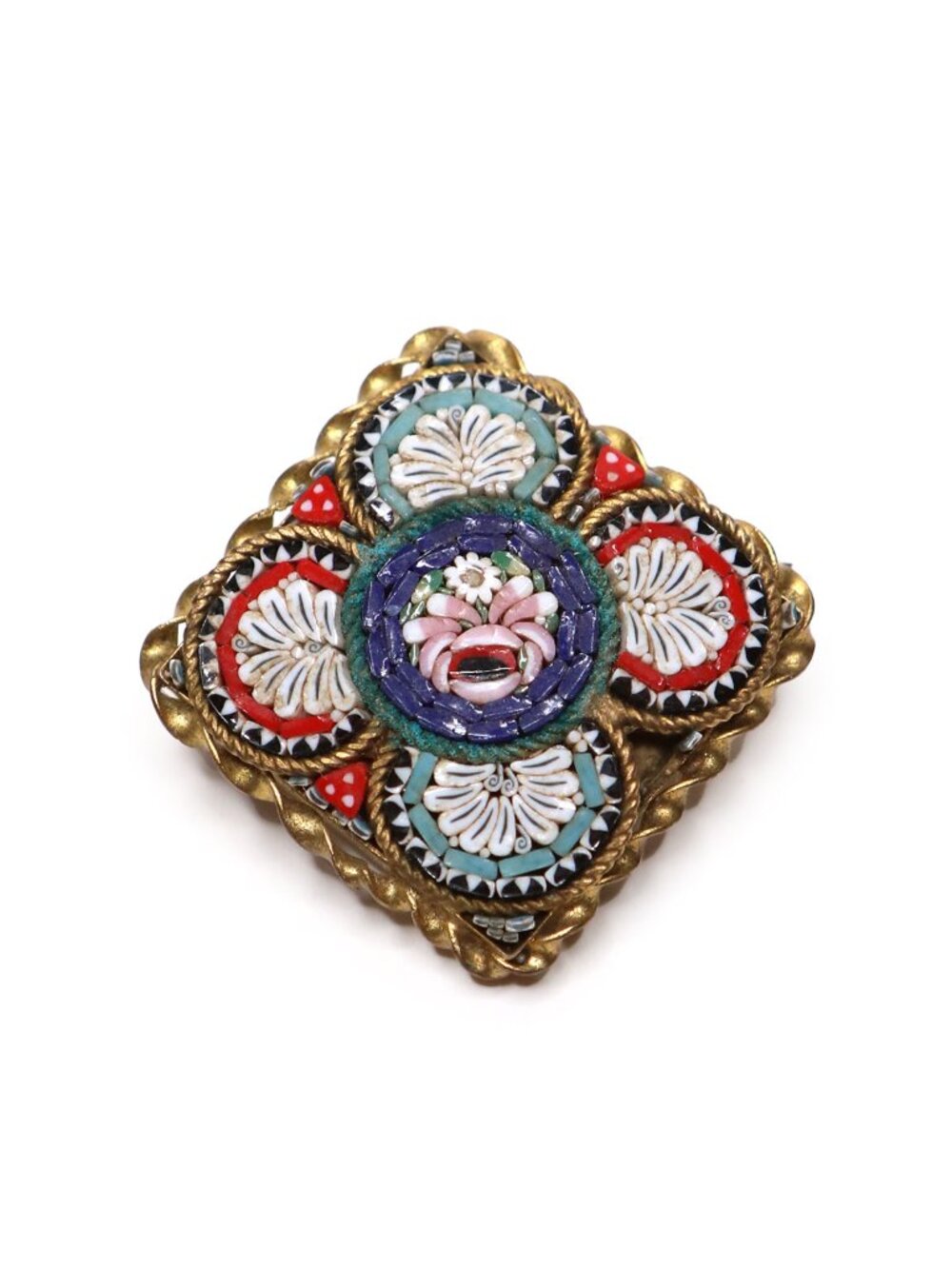 Vintage Italian Micro Mosaic Brass Brooch Millefiori Floral Mulicolour Pin MCM